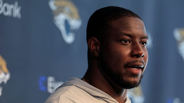 Jacksonville Jaguars linebacker Foyesade Oluokun (23) speaks during a press conference at Miller Electric Center Wednesday, April 9, 2025 in Jacksonville, Fla. [Corey Perrine/Florida Times-Union]
