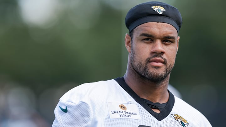 Jul 24, 2025; Jacksonville, FL, USA; Jacksonville Jaguars defensive end Arik Armstead (91) participates in training camp at Miller Electric Center. Mandatory Credit: Nathan Ray Seebeck-Imagn Images Jul 24, 2025; Jacksonville, FL, USA; Jacksonville Jaguars defensive end Arik Armstead (91) participates in training camp at Miller Electric Center. Mandatory Credit: Nathan Ray Seebeck-Imagn Images
