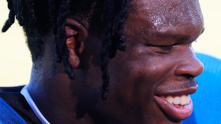 Jacksonville Jaguars wide receiver Travis Hunter (12) is interviewed after an NFL training camp session at the Miller Electric Center, Tuesday, July 29, 2025, in Jacksonville, Fla. [Corey Perrine/Florida Times-Union]