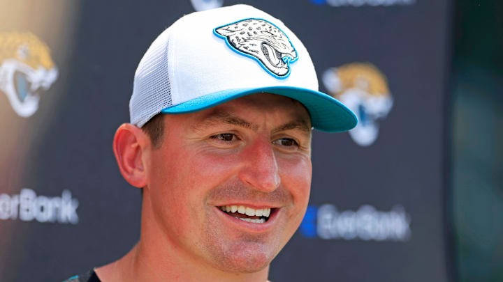 Jacksonville Jaguars offensive coordinator Grant Udinski answers questions from the media during the first organized team activity at Miller Electric Center Monday, May 19, 2025 in Jacksonville, Fla.