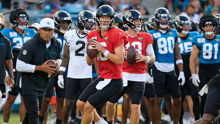 Jacksonville Jaguars quarterback Trevor Lawrence (16) looks to pass during an NFL scrimmage event at EverBank Stadium, Friday, Aug. 1, 2025, in Jacksonville, Fla. [Corey Perrine/Florida Times-Union]