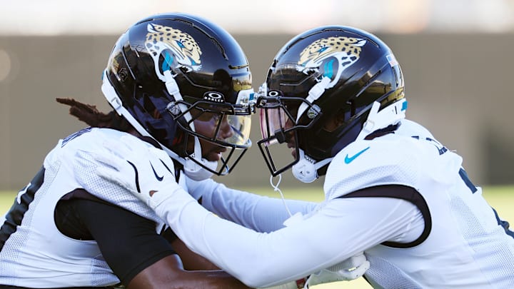 Jacksonville Jaguars saftey Eric Murray (29) and cornerback Jourdan Lewis (2) drill during an NFL training camp session at the Miller Electric Center, Tuesday, July 29, 2025, in Jacksonville, Fla. [Corey Perrine/Florida Times-Union]