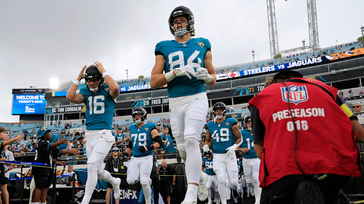 Jacksonville Jaguars quarterback Trevor Lawrence (16) and tight end Hunter Long (84) runs on the field before an NFL preseason matchup at EverBank Stadium, Saturday, Aug. 9, 2025 in Jacksonville, Fla. [Corey Perrine/Florida Times-Union]