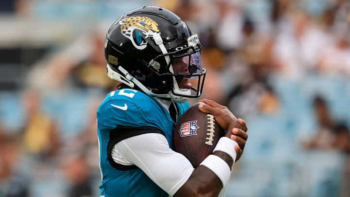 Jacksonville Jaguars wide receiver Travis Hunter (12) catches a pass before an NFL preseason matchup at EverBank Stadium, Saturday, Aug. 9, 2025 in Jacksonville, Fla. [Corey Perrine/Florida Times-Union]