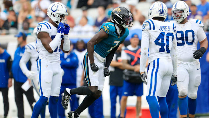 Jacksonville Jaguars wide receiver Brian Thomas Jr. (7) reacts to a catch and run on what would have been a first down but called back for a offensive facemask penalty during the fourth quarter of an NFL football matchup Sunday, Oct. 6, 2024 at EverBank Stadium in Jacksonville, Fla. The Jaguars edged the Colts on a field goal 37-34. [Corey Perrine/Florida Times-Union]