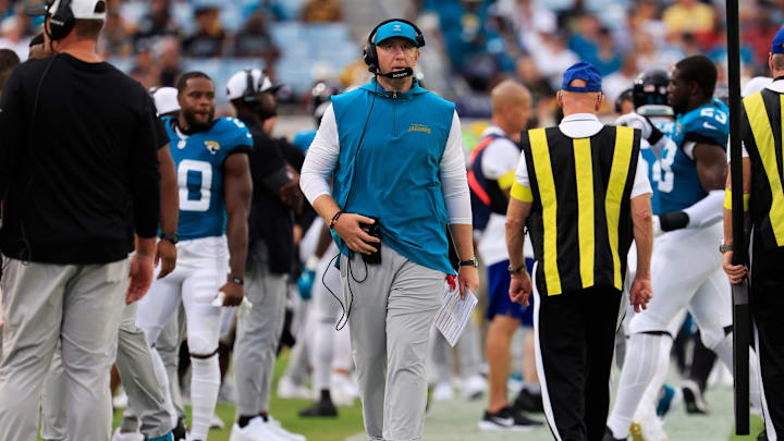 Jacksonville Jaguars head coach Liam Coen walks on the sideline during the first quarter of an NFL preseason matchup at EverBank Stadium, Saturday, Aug. 9, 2025 in Jacksonville, Fla. [Corey Perrine/Florida Times-Union]