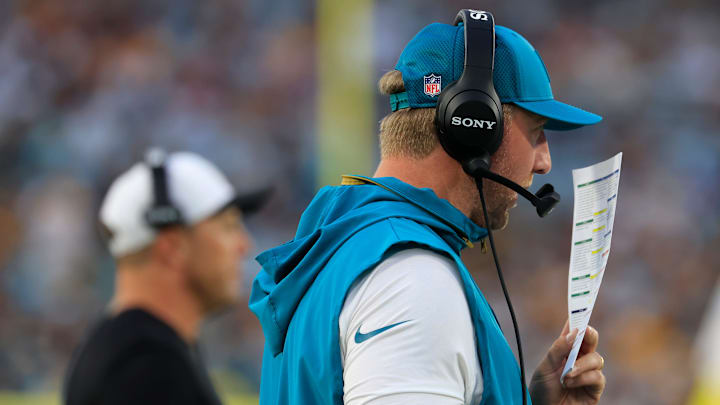 Jacksonville Jaguars head coach Liam Coen calls a play during the second quarter of an NFL preseason matchup at EverBank Stadium, Saturday, Aug. 9, 2025 in Jacksonville, Fla. [Corey Perrine/Florida Times-Union]