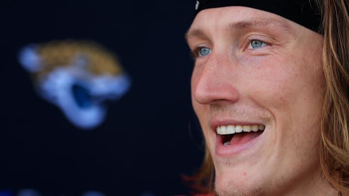 Jacksonville Jaguars quarterback Trevor Lawrence (16) answers questions from the media after an NFL training camp session at the Miller Electric Center, Thursday, Aug. 14, 2025 in Jacksonville, Fla.