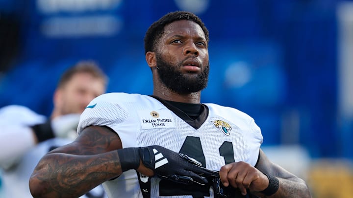 Jacksonville Jaguars defensive end Josh Hines-Allen (41) warms up during an NFL scrimmage event at EverBank Stadium, Friday, Aug. 1, 2025, in Jacksonville, Fla. [Corey Perrine/Florida Times-Union]