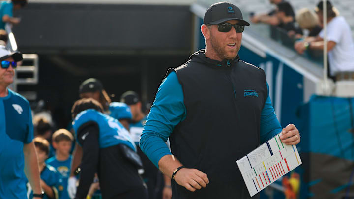Jacksonville Jaguars head coach Liam Coen runs on the field during an NFL scrimmage event at EverBank Stadium, Friday, Aug. 1, 2025, in Jacksonville, Fla. [Corey Perrine/Florida Times-Union]