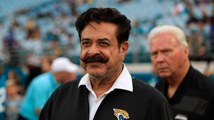 Jacksonville Jaguars owner Shad Khan walks on the field before an NFL preseason matchup at EverBank Stadium, Saturday, Aug. 9, 2025 in Jacksonville, Fla. [Corey Perrine/Florida Times-Union]
