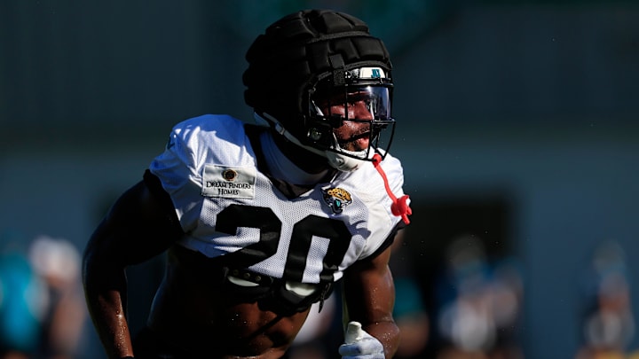 Jacksonville Jaguars safety Daniel Thomas (20) runs during an NFL training camp session at the Miller Electric Center, Wednesday, Aug. 6, 2025, in Jacksonville, Fla. [Corey Perrine/Florida Times-Union]