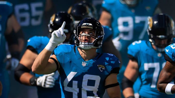 Jacksonville Jaguars linebacker Chad Muma (48) runs on the field with the team before an NFL football matchup Sunday, Oct. 27, 2024 at EverBank Stadium in Jacksonville, Fla. The Packers edged the Jaguars 30-27 on a last-second field goal. [Corey Perrine/Florida Times-Union]