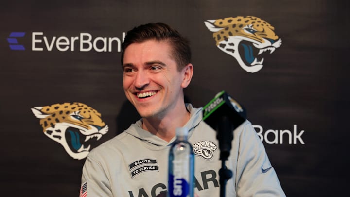 Jacksonville Jaguars general manager James Gladstone laughs during a press conference at Miller Electric Center Tuesday, April 15, 2025 in Jacksonville, Fla. [Corey Perrine/Florida Times-Union]