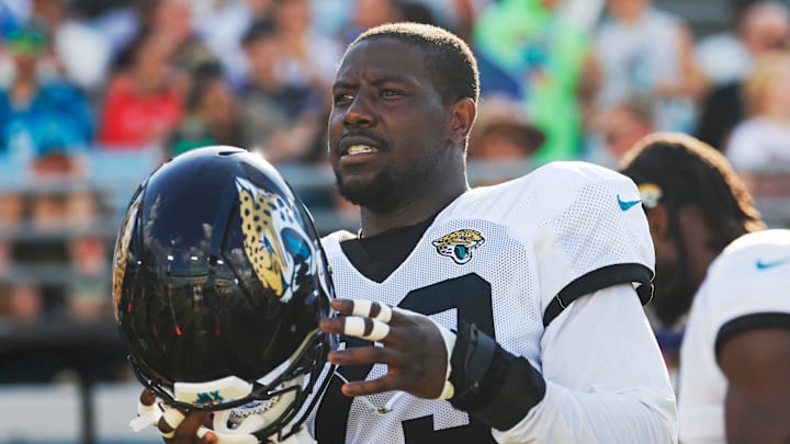 Jacksonville Jaguars linebacker Foyesade Oluokun (23) walks on the field during an NFL scrimmage event at EverBank Stadium, Friday, Aug. 1, 2025, in Jacksonville, Fla. [Corey Perrine/Florida Times-Union]