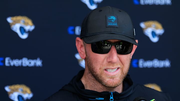 Jacksonville Jaguars head coach Liam Coen talks to members of the media after an NFL training camp session at the Miller Electric Center, Friday Aug. 15, 2025 in Jacksonville, Fla. [Corey Perrine/Florida Times-Union]