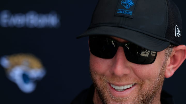 Jacksonville Jaguars head coach Liam Coen talks to members of the media after an NFL training camp session at the Miller Electric Center, Friday Aug. 15, 2025 in Jacksonville, Fla. [Corey Perrine/Florida Times-Union]