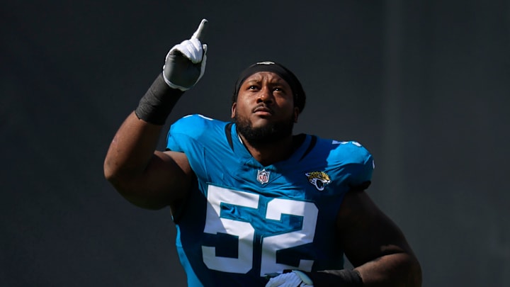 Jacksonville Jaguars defensive tackle DaVon Hamilton (52) is introduced before an NFL football matchup Sunday, Oct. 27, 2024 at EverBank Stadium in Jacksonville, Fla. The Packers edged the Jaguars 30-27 on a last-second field goal. [Corey Perrine/Florida Times-Union]