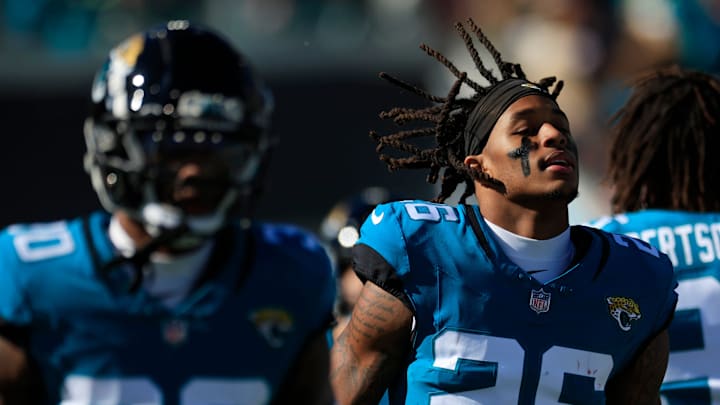 Jacksonville Jaguars safety Antonio Johnson (26) runs onto the field before a regular season NFL football matchup Sunday, Dec. 31, 2023 at EverBank Stadium in Jacksonville, Fla. The Jacksonville Jaguars blanked the Carolina Panthers 26-0. [Corey Perrine/Florida Times-Union]