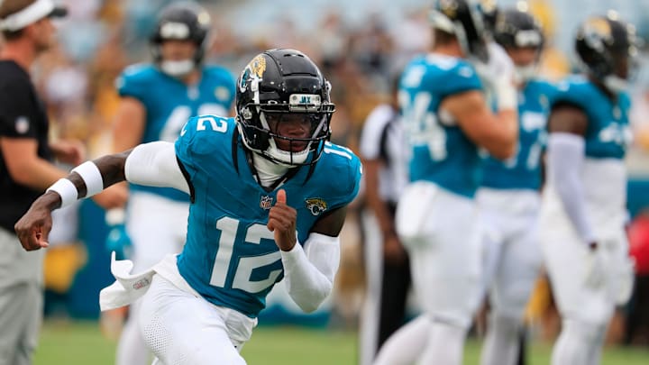 Jacksonville Jaguars wide receiver Travis Hunter (12) runs a route before an NFL preseason matchup at EverBank Stadium, Saturday, Aug. 9, 2025 in Jacksonville, Fla. [Corey Perrine/Florida Times-Union]