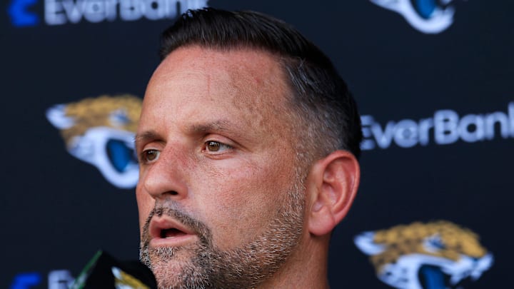 Jacksonville Jaguars defensive coordinator Anthony Campanile answers questions from the media after an NFL training camp session at the Miller Electric Center, Sunday, Aug. 3, 2025, in Jacksonville, Fla. [Corey Perrine/Florida Times-Union]