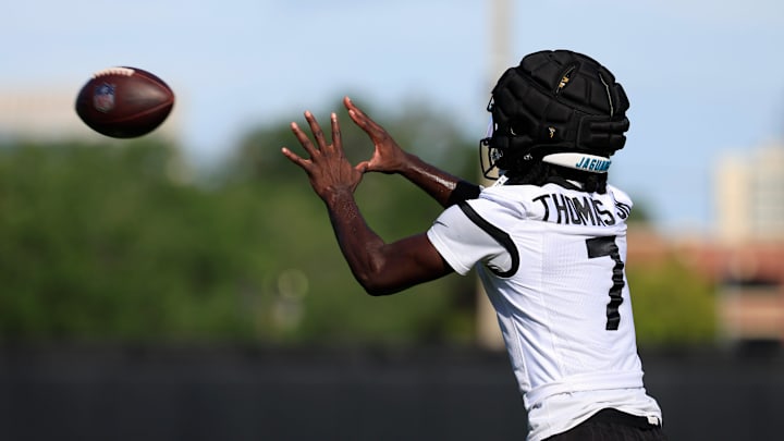 Jacksonville Jaguars wide receiver Brian Thomas Jr. (7) catches a pass during an NFL training camp session at the Miller Electric Center, Monday, Aug. 11, 2025 in Jacksonville, Fla. [Corey Perrine/Florida Times-Union]