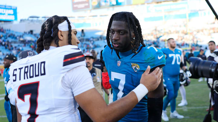 Houston Texans quarterback C.J. Stroud (7), left, talks with Jacksonville Jaguars wide receiver Brian Thomas Jr. (7) after the game of an NFL football matchup Sunday, Dec. 1, 2024 at EverBank Stadium in Jacksonville, Fla. The Texans held off the Jaguars 23-20. [Corey Perrine/Florida Times-Union]