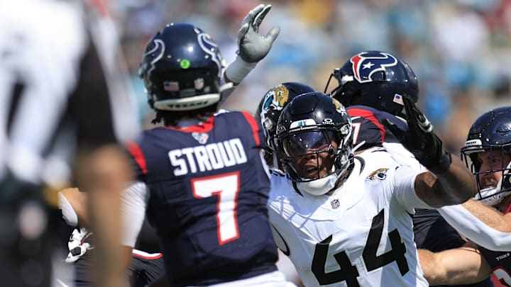 Jacksonville Jaguars linebacker Travon Walker (44) pressures Houston Texans quarterback C.J. Stroud (7) during the second quarter of an NFL football matchup Sunday, Sept. 24, 2023 at EverBank Stadium in Jacksonville, Fla. The Houston Texans defeated the Jacksonville Jaguars 37-17. [Corey Perrine/Florida Times-Union]