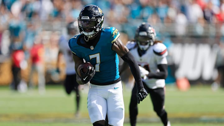 Jacksonville Jaguars wide receiver Brian Thomas Jr. (7) rushes for yards after a reception during the fourth quarter of an NFL football matchup at EverBank Stadium, Sunday, Sept. 21, 2025, in Jacksonville, Fla. The Jaguars defeated the Texans 17-10.