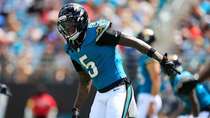 Jacksonville Jaguars wide receiver Dyami Brown (5) looks on during the first quarter of an NFL football matchup at EverBank Stadium, Sunday, Sept. 21, 2025, in Jacksonville, Fla. The Jaguars defeated the Texans 17-10. The Jaguars defeated the Texans 17-10.