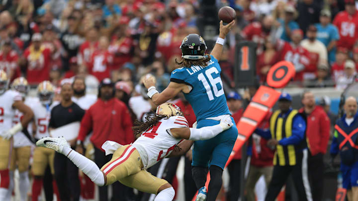 San Francisco 49ers linebacker Fred Warner (54) pressures Jacksonville Jaguars quarterback Trevor Lawrence (16) during the first quarter of an NFL football game Sunday, Nov. 12, 2023 at EverBank Stadium in Jacksonville, Fla. The San Francisco 49ers defeated the Jacksonville Jaguars 34-3. [Corey Perrine/Florida Times-Union]