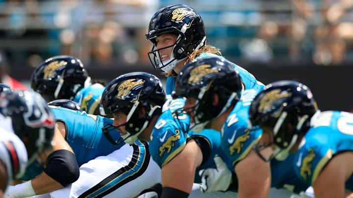 Jacksonville Jaguars quarterback Trevor Lawrence (16) prepares to receive the snap during the first quarter of an NFL football matchup at EverBank Stadium, Sunday, Sept. 21, 2025, in Jacksonville, Fla. The Jaguars defeated the Texans 17-10. The Jaguars defeated the Texans 17-10.