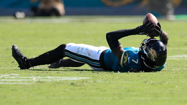 Jacksonville Jaguars wide receiver Brian Thomas Jr. (7) reacts to a missed reception opportunity during the fourth quarter of an NFL football matchup at EverBank Stadium, Sunday, Sept. 21, 2025, in Jacksonville, Fla. The Jaguars defeated the Texans 17-10.