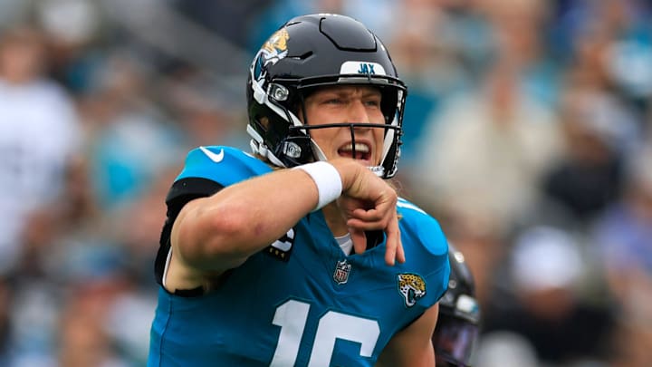 Jacksonville Jaguars quarterback Trevor Lawrence (16) calls a play during the first quarter of an NFL football game Sunday, Nov. 12, 2023 at EverBank Stadium in Jacksonville, Fla. The San Francisco 49ers defeated the Jacksonville Jaguars 34-3. [Corey Perrine/Florida Times-Union]