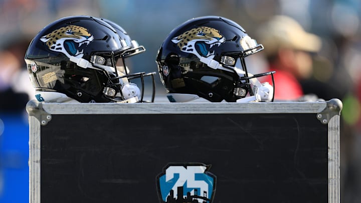 Jacksonville Jaguars helmets sit on a sideline before the game of a preseason matchup Saturday, Aug. 26, 2023 at EverBank Stadium in Jacksonville, Fla. [Corey Perrine/Florida Times-Union]