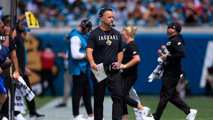 Jacksonville Jaguars defensive coordinator Anthony Campanile looks on during the first quarter of an NFL football matchup at EverBank Stadium, Sunday, Sept. 21, 2025, in Jacksonville, Fla. The Jaguars defeated the Texans 17-10. The Jaguars defeated the Texans 17-10. Jacksonville Jaguars defensive coordinator Anthony Campanile looks on during the first quarter of an NFL football matchup at EverBank Stadium, Sunday, Sept. 21, 2025, in Jacksonville, Fla. The Jaguars defeated the Texans 17-10. The Jaguars defeated the Texans 17-10.
