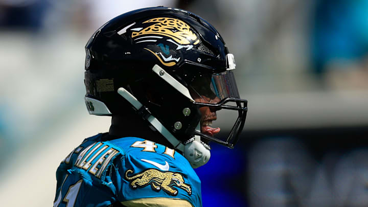 Jacksonville Jaguars defensive end Josh Hines-Allen (41) reacts to a tackle on Houston Texans quarterback CJ. Stroud (7), not shown, during the third quarter of an NFL football matchup at EverBank Stadium, Sunday, Sept. 21, 2025, in Jacksonville, Fla. The Jaguars defeated the Texans 17-10. Jacksonville Jaguars defensive end Josh Hines-Allen (41) reacts to a tackle on Houston Texans quarterback CJ. Stroud (7), not shown, during the third quarter of an NFL football matchup at EverBank Stadium, Sunday, Sept. 21, 2025, in Jacksonville, Fla. The Jaguars defeated the Texans 17-10.