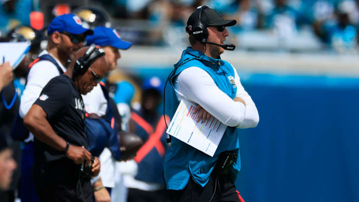 Jacksonville Jaguars head coach Liam Coen looks on during the first quarter of an NFL football matchup at EverBank Stadium, Sunday, Sept. 21, 2025, in Jacksonville, Fla. The Jaguars defeated the Texans 17-10. The Jaguars defeated the Texans 17-10.