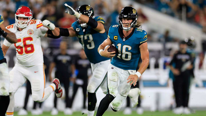 Jacksonville Jaguars quarterback Trevor Lawrence (16) rushes for yards during the second quarter of an NFL football matchup at EverBank Stadium, Monday, Oct. 6, 2025, in Jacksonville, Fla. The Jacksonville Jaguars edged the Kansas City Chiefs 31-28. [Corey Perrine/Florida Times-Union]
