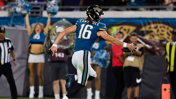 Jacksonville Jaguars quarterback Trevor Lawrence (16) scores a rushing touchdown during the third quarter of an NFL football matchup at EverBank Stadium, Monday, Oct. 6, 2025, in Jacksonville, Fla. The Jacksonville Jaguars edged the Kansas City Chiefs 31-28. [Corey Perrine/Florida Times-Union]