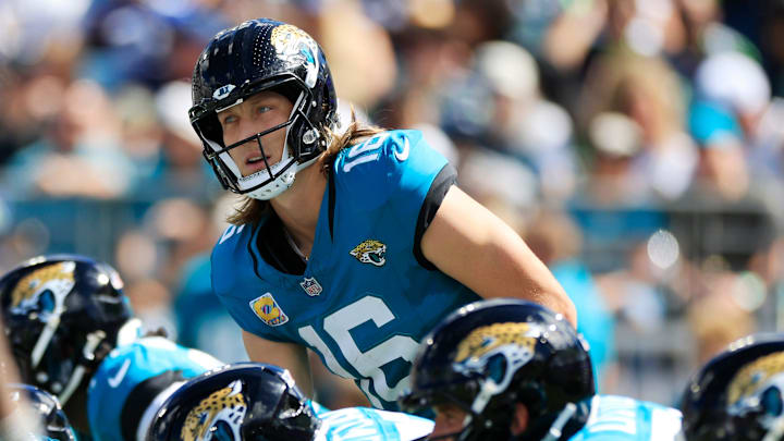 Jacksonville Jaguars quarterback Trevor Lawrence (16) prepares to call a play during the second quarter of an NFL football matchup, Sunday, Oct. 12, 2025, at EverBank Stadium in Jacksonville, Fla. The Seahawks defeated the Jaguars 20-12.
