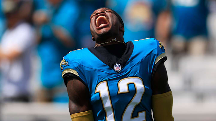 Jacksonville Jaguars wide receiver Travis Hunter (12) yells as his is introduced before an NFL football matchup at EverBank Stadium, Sunday, Sept. 21, 2025, in Jacksonville, Fla. [Corey Perrine/Florida Times-Union]