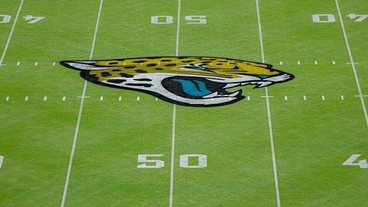 Sep 7, 2025; Jacksonville, Florida, USA; The Jacksonville Jaguars logo at midfield prior to a game between the Jacksonville Jaguars and the Carolina Panthers at EverBank Stadium. Mandatory Credit: Nathan Ray Seebeck-Imagn Images