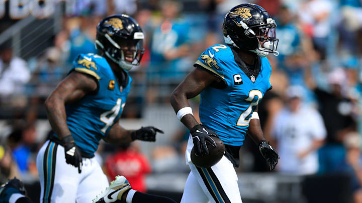 Jacksonville Jaguars cornerback Jourdan Lewis (2) reacts to his interception against the Houston Texans during the fourth quarter of an NFL football matchup at EverBank Stadium, Sunday, Sept. 21, 2025, in Jacksonville, Fla. The Jaguars defeated the Texans 17-10. Jacksonville Jaguars cornerback Jourdan Lewis (2) reacts to his interception against the Houston Texans during the fourth quarter of an NFL football matchup at EverBank Stadium, Sunday, Sept. 21, 2025, in Jacksonville, Fla. The Jaguars defeated the Texans 17-10.
