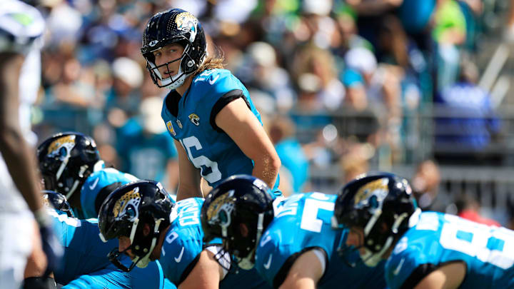 Jacksonville Jaguars quarterback Trevor Lawrence (16) calls a play during the second quarter of an NFL football matchup, Sunday, Oct. 12, 2025, at EverBank Stadium in Jacksonville, Fla. The Seahawks defeated the Jaguars 20-12. [Corey Perrine/Florida Times-Union]