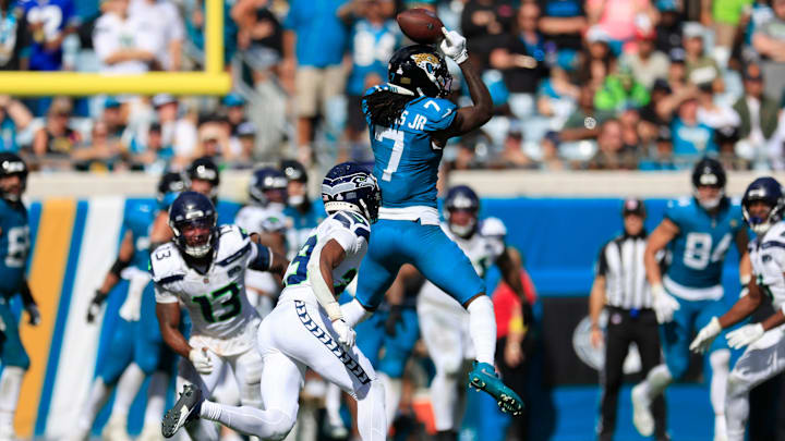 Jacksonville Jaguars wide receiver Brian Thomas Jr. (7) can’t haul in a reception during the fourth quarter of an NFL football matchup, Sunday, Oct. 12, 2025, at EverBank Stadium in Jacksonville, Fla. The Seahawks defeated the Jaguars 20-12. [Corey Perrine/Florida Times-Union]