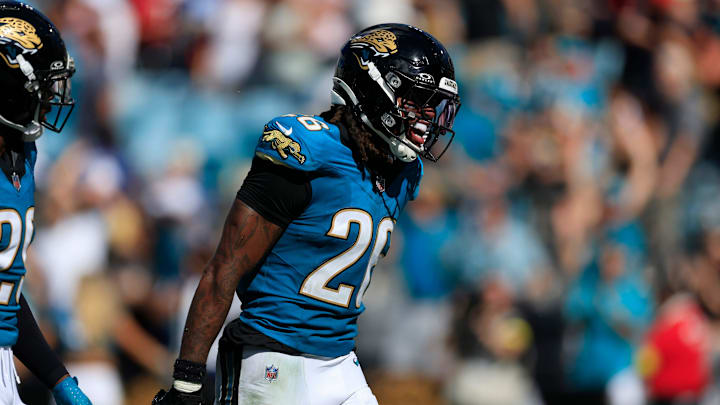 Jacksonville Jaguars safety Antonio Johnson (26) reacts to closing out the game with an interception during the fourth quarter of an NFL football matchup at EverBank Stadium, Sunday, Sept. 21, 2025, in Jacksonville, Fla. The Jaguars defeated the Texans 17-10.