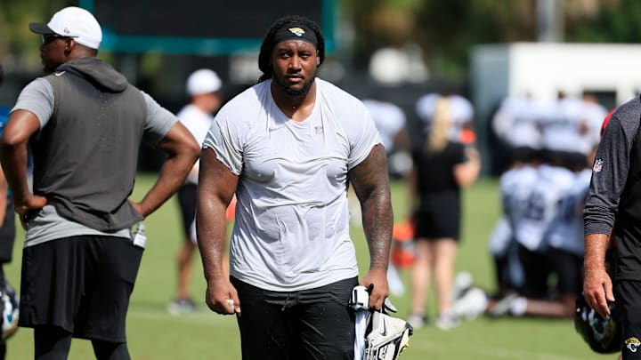Jacksonville Jaguars defensive tackle DaVon Hamilton (52) walks off the field after an NFL training camp session at the Miller Electric Center, Friday, July 25, 2025, in Jacksonville, Fla. [Corey Perrine/Florida Times-Union]