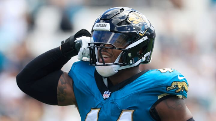 Jacksonville Jaguars defensive end Travon Walker (44) flexes after a sack on Houston Texans quarterback CJ. Stroud (7) during the first quarter of an NFL football matchup at EverBank Stadium, Sunday, Sept. 21, 2025, in Jacksonville, Fla. The Jaguars defeated the Texans 17-10.