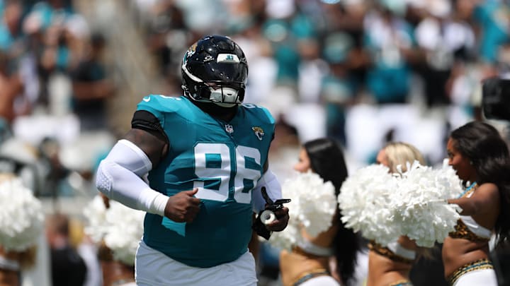 Sep 7, 2025; Jacksonville, Florida, USA; Jacksonville Jaguars defensive tackle Khalen Saunders Sr. (96) takes the field prior to a game against the Carolina Panthers at EverBank Stadium. Mandatory Credit: Nathan Ray Seebeck-Imagn Images